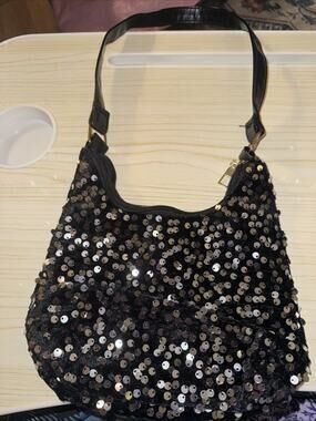 Small Women's Black Sequin Nylon Shoulder Bag for Evening, Holiday or Gift.